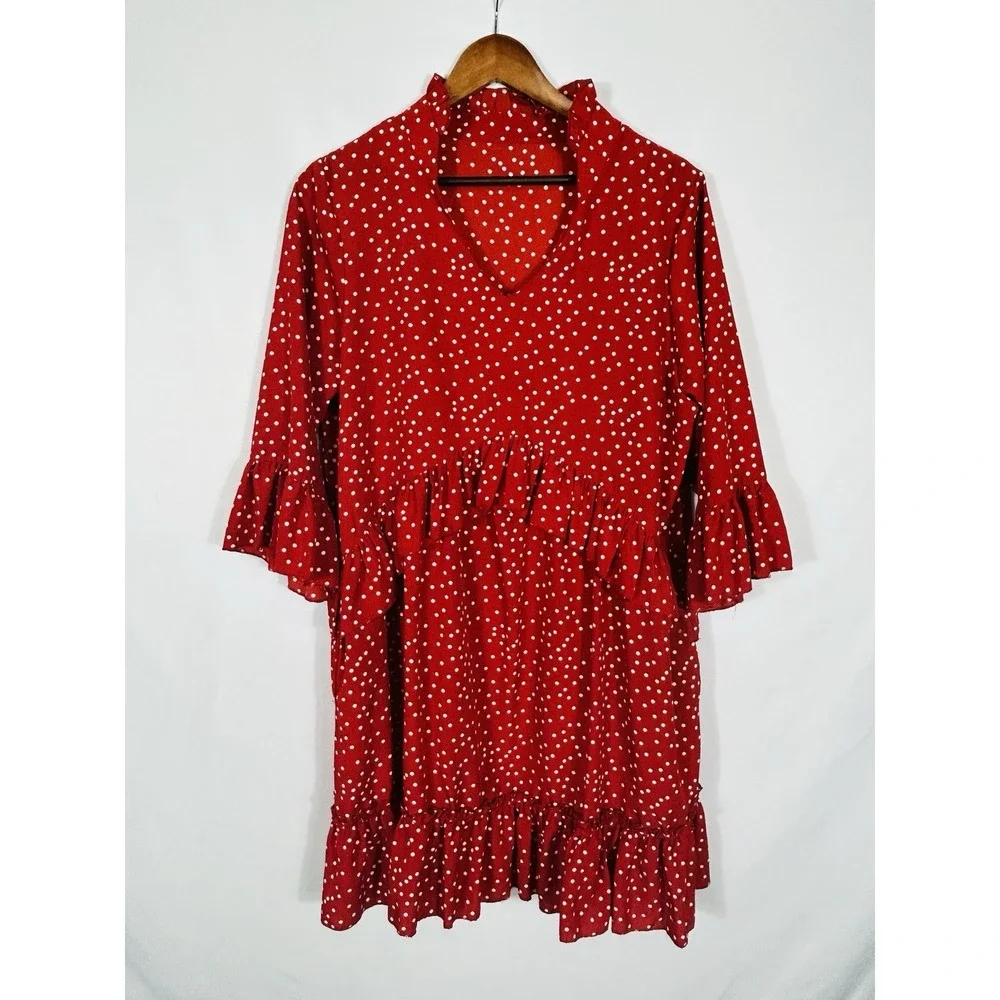 Unbranded Red Polka Dot Ruffle Tiered Dress Size‎ L Plunge Collar Twee Secretary - Picture 5 of 10
